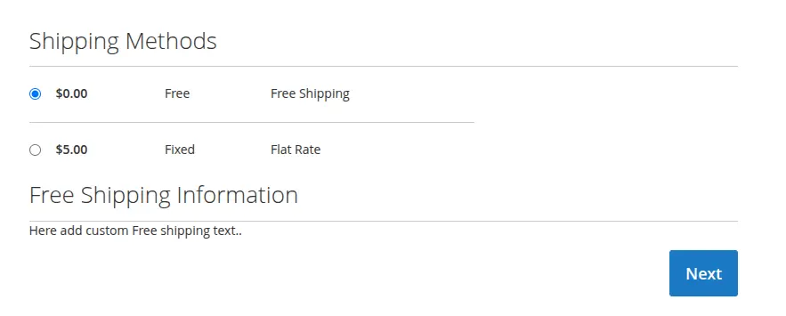 Magento 2 checkout displaying custom shipping method information