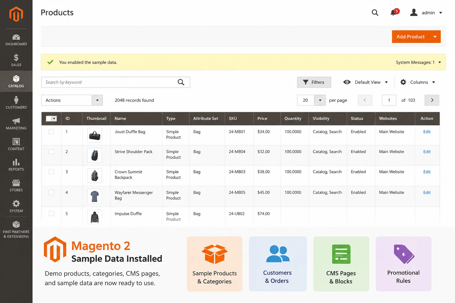 Magento 2 sample data installation dashboard showing products and categories